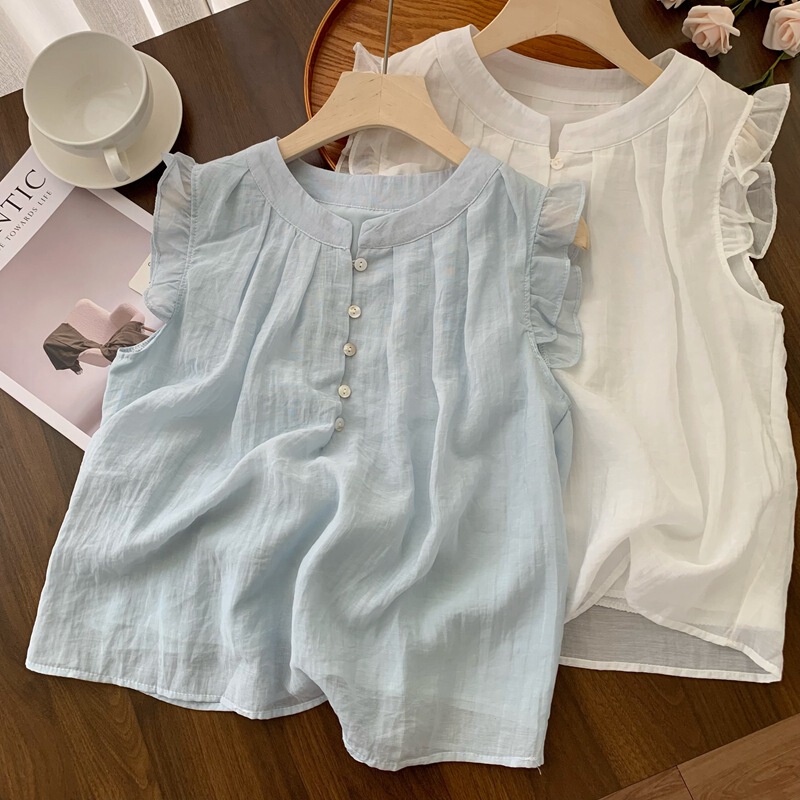Feifei Sleeve Pleated Shirt Women's Summer New French Style Sweet Age-reducing Design Sense Loose Slimming Elegant Small Top Feifei Sleeve Pleated Shirt Women's Summer New French Style Sweet Age-reducing Design Sense Loose Slimming Elegant Small Top