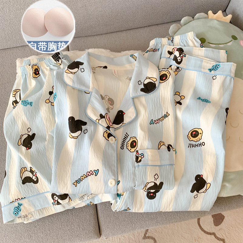 星月彩点带胸垫睡衣女款夏季云朵棉纱短袖长裤休闲家居服三件套装|undefined