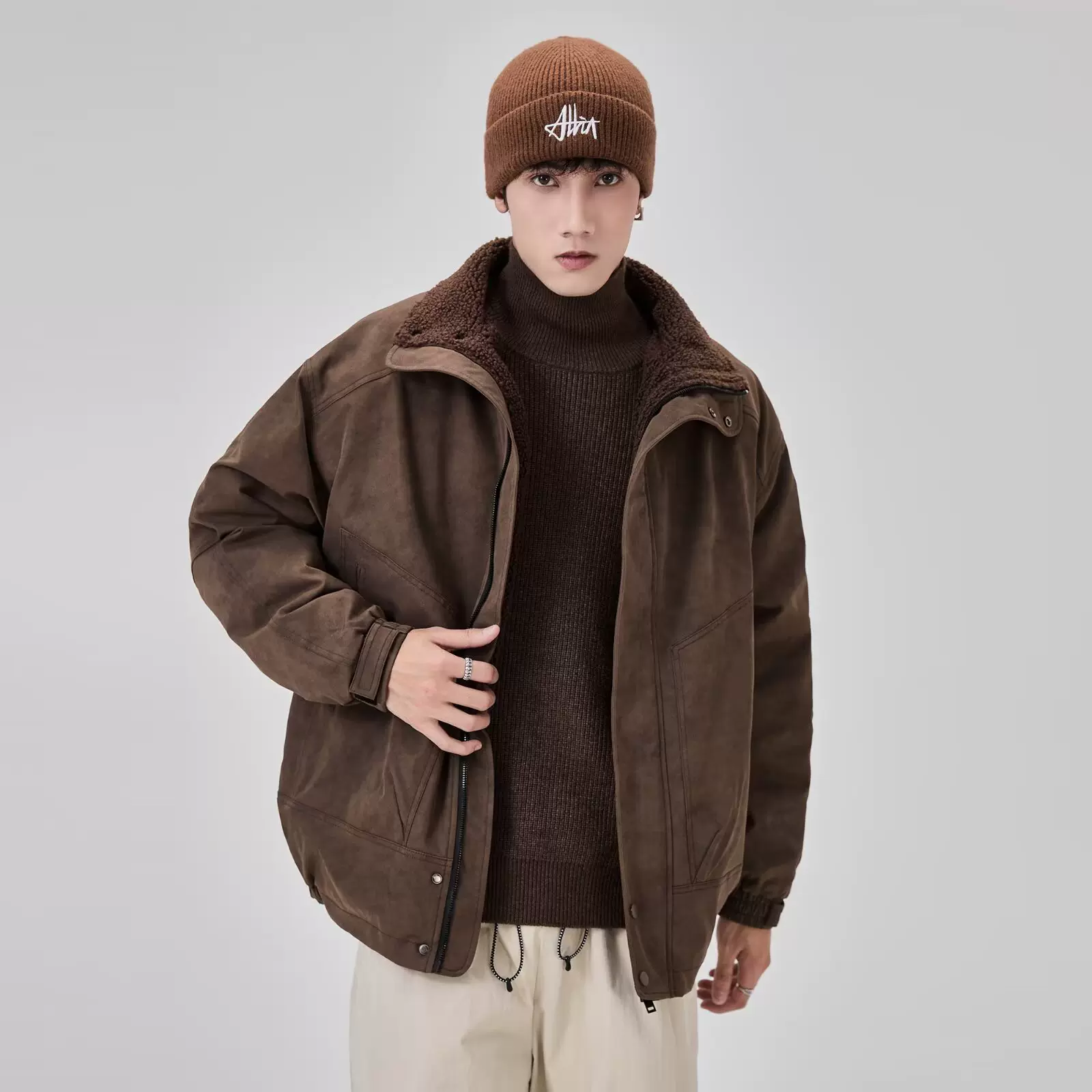 冬季加绒加厚保暖外套男仿麂皮夹克商务羊羔绒大码复古棉服批发