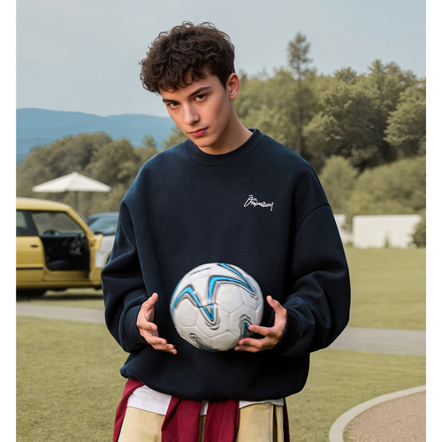 Heavyweight crew neck sweatshirt for men, autumn heavy industry texture color-blocked embroidery turtleneck fashion brand loose top outerwear