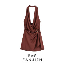 ZR外贸批发 欧美风女装  时尚简约金色镶饰挂脖领连衣裙 3897111