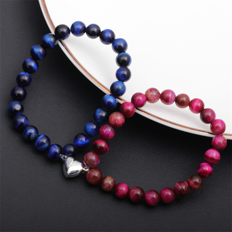 Fashion Heart-Shaped Magnet Suction Tigereye Couple Fossil Copper Bracelet Set