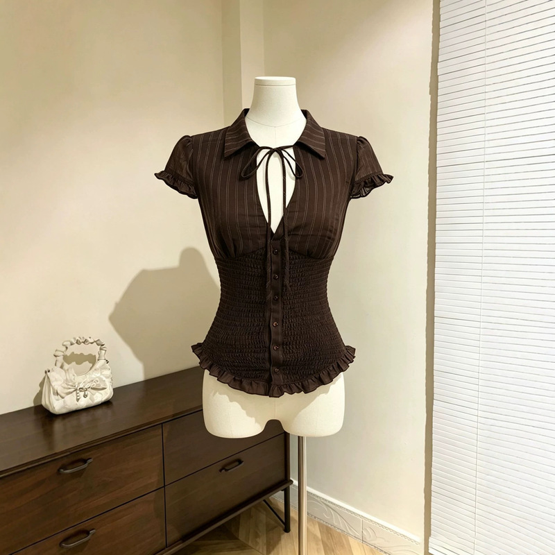 Korean-Style Design Ruffled Puff Sleeve Short-Sleeve Waist-Cinching Coffee-Colored Shirt for Women, Pure Desire Style Lace-Trimmed Ruched Blouse