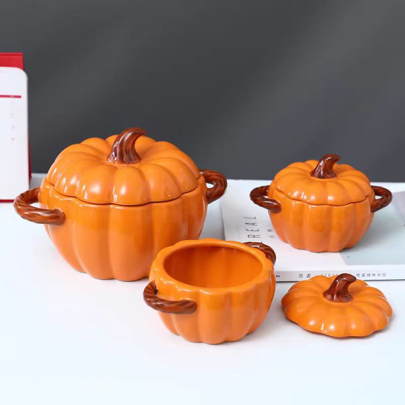 Ceramic Soup Bowl with Lid Creative Pumpkin Soup Bowl Household Soup Large Soup Basin Binaural Noodle Bowl Snail Lion Powder Bowl