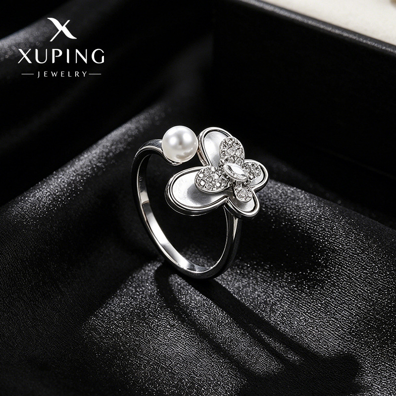 Xuping lujo ligero imitación de perlas gemas artificiales anillo de mariposa de doble capa temperamento nicho abierto anillo ajustable al por mayor