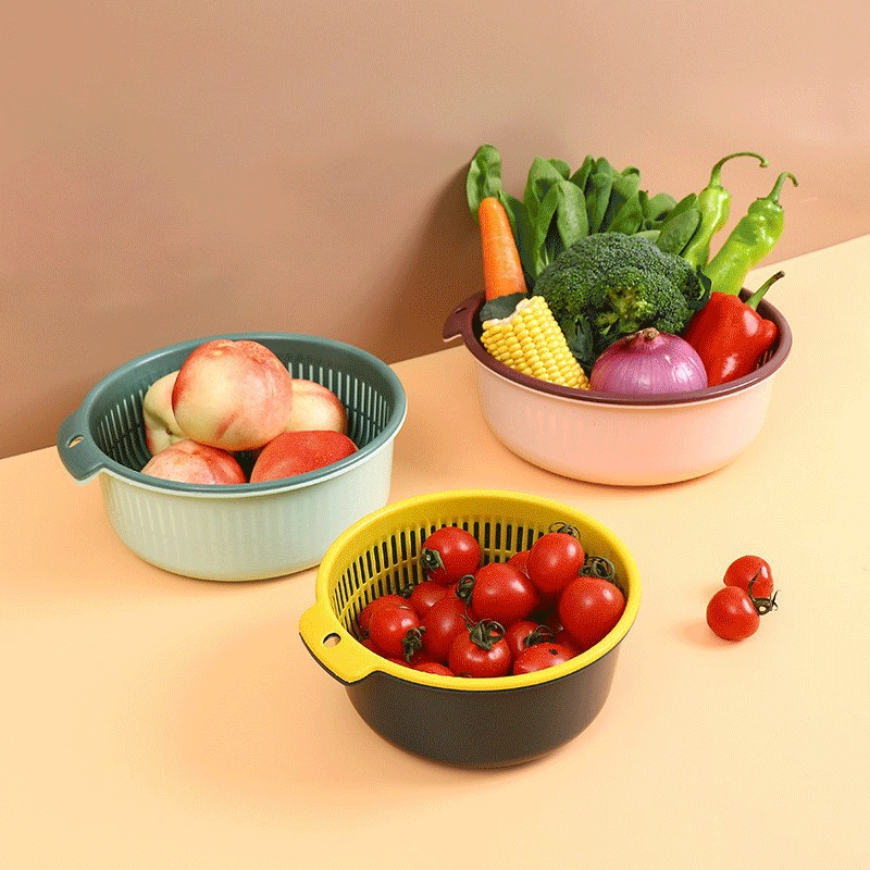Новая контрастная цветная двухслойная корзина для слива Кухонная корзина для мытья посуды Пластиковый полый сливной костюм Многофункциональная пластиковая корзина для хранения