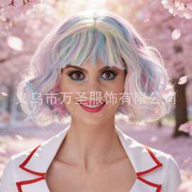 跨境粉彩彩虹短波波头假发