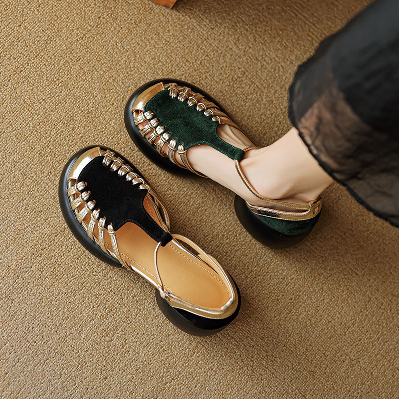 Sandal nữ quai ngang dệt mảnh da lộn, gót vuông ổn định, đế dày ghép màu — Màu đen