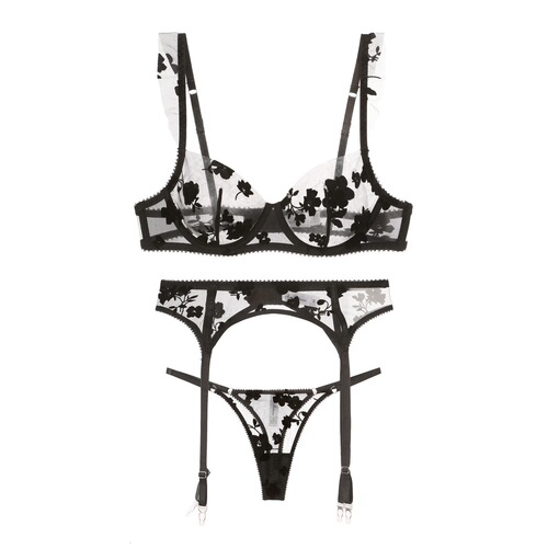 Cross-border sexy garter belt French ultra-thin embroidered lace garter bra matching stocking garter belt