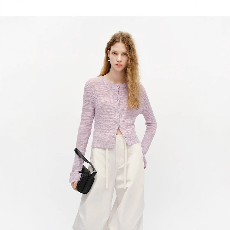 MC Pingfor 25 Spring New Round Neck Single-breasted Texture Lightweight All-match Knitted Cardigan Small Top Lazy Purple