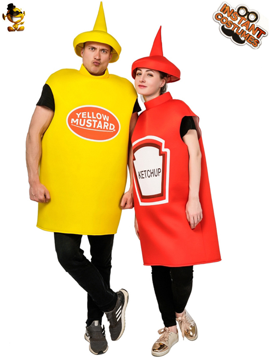 Halloween adulto hombres y mujeres pareja mostaza salsa de tomate traje adulto divertido juego de rol traje de escenario