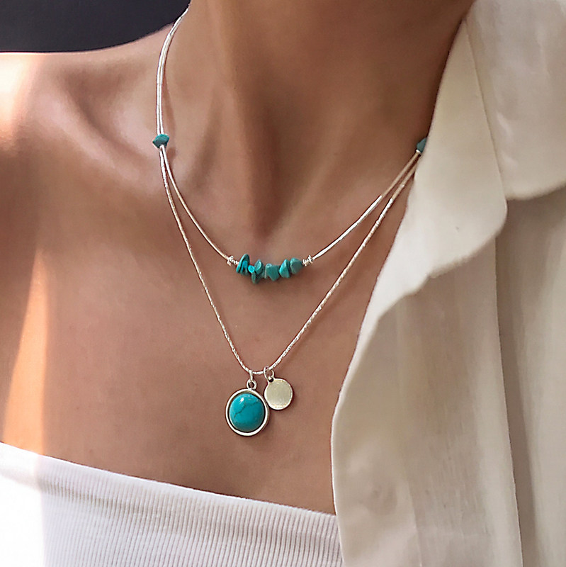 Imitation Natural Turquoise Black Agate Tiger Eye Stone Pendant Necklace for Women, Layered Wear, High-End Luxury Clavicle Necklace