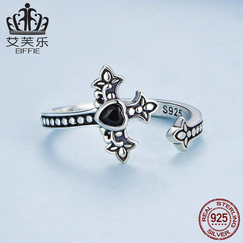 Avro original s925 sterling silver cross open ring simple black heart-shaped zircon dark ring bracelet