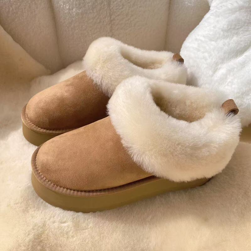 Women's Winter Fur-Lined Snow Boots, Thickened Leather and Fur Integrated Short Boots, Thick-Soled Slip-On Home Slippers, Tatzler Half-Slippers