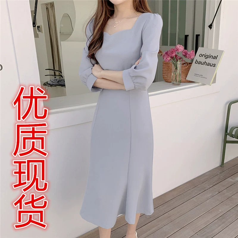 3169 # Корейский стиль, элегантный стиль во французском стиле, демонстрирующий ключицу, универсальное платье с квадратным вырезом, обтягивающей талией и талией