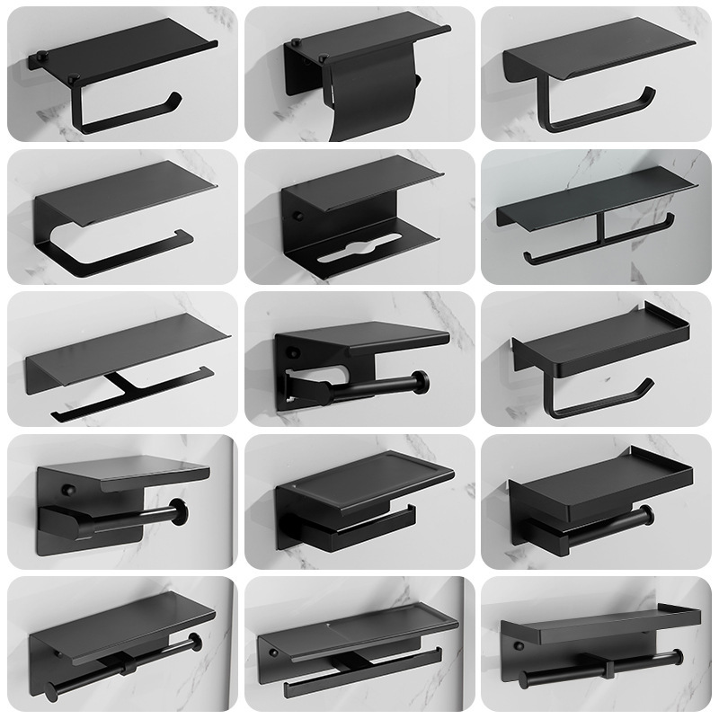 Black Non-Punch Stainless Steel Tissue Holder Tray Storage Rack Toilet Hand Rack Toilet Paper Roll Paper Holder Tissue Hook