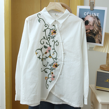 民族风重工刺绣偏门襟衬衫创意设计感翻领白衬衣纯棉女装上衣秋装