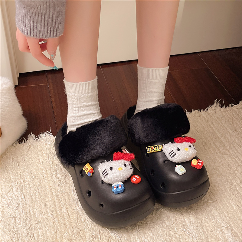 可爱卡通小猫洞洞鞋女2025秋冬新款厚底防滑踩屎感舒适包头棉拖鞋