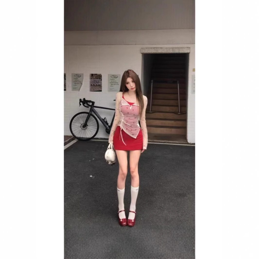 蝴蝶结纯欲风绑带吊带连衣裙长袖T恤套装薄款夏季罩衫辣妹两件套