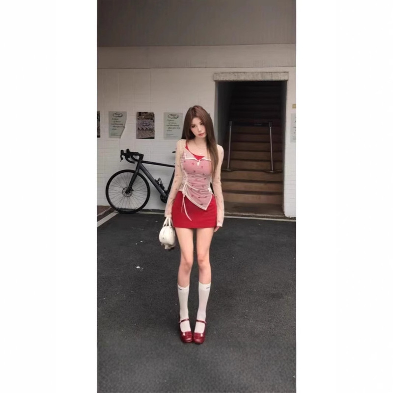 Bow Pure Desire Style Strap Sling dress Long-sleeved T-shirt suit Thin Summer Spicy Two-piece Set