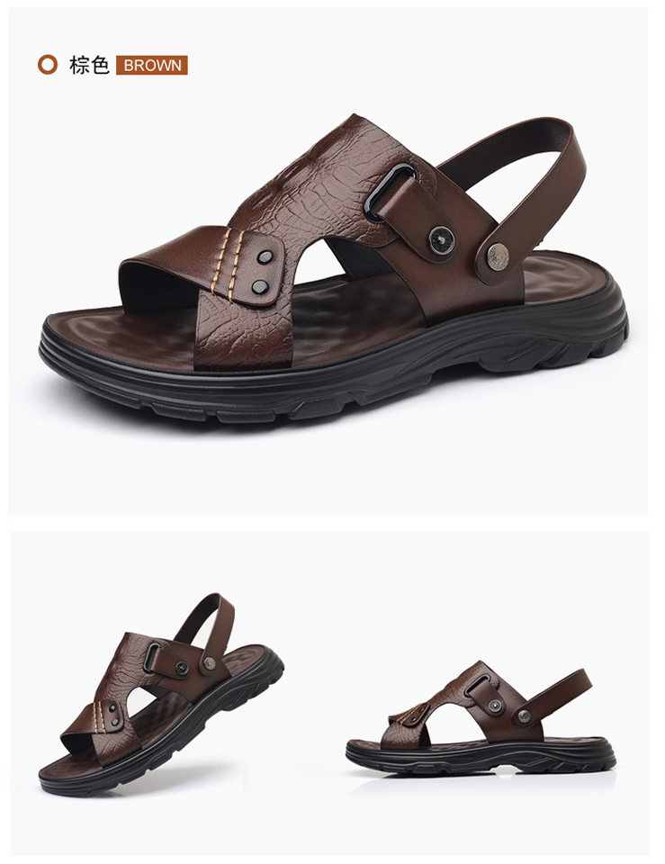 Dép sandal nam quai ngang mũi tròn, đế bằng mềm chống trượt, kiểu hở ngón đi biển và đi ngoài trời — Màu nâu, màu đen chi tiết 23