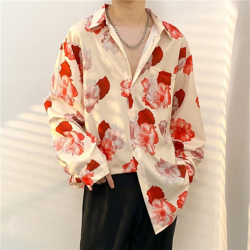 One-piece dropshipping cross-border trendy retro paisley shirt for men, long-sleeved chiffon, relaxed Hong Kong style, draped, loose and thin.