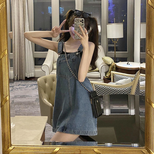 Denim Overalls Dress Women Spring Autumn Cute Japanese Style One-piece Dress Student Korean Version Loose Short Skirt