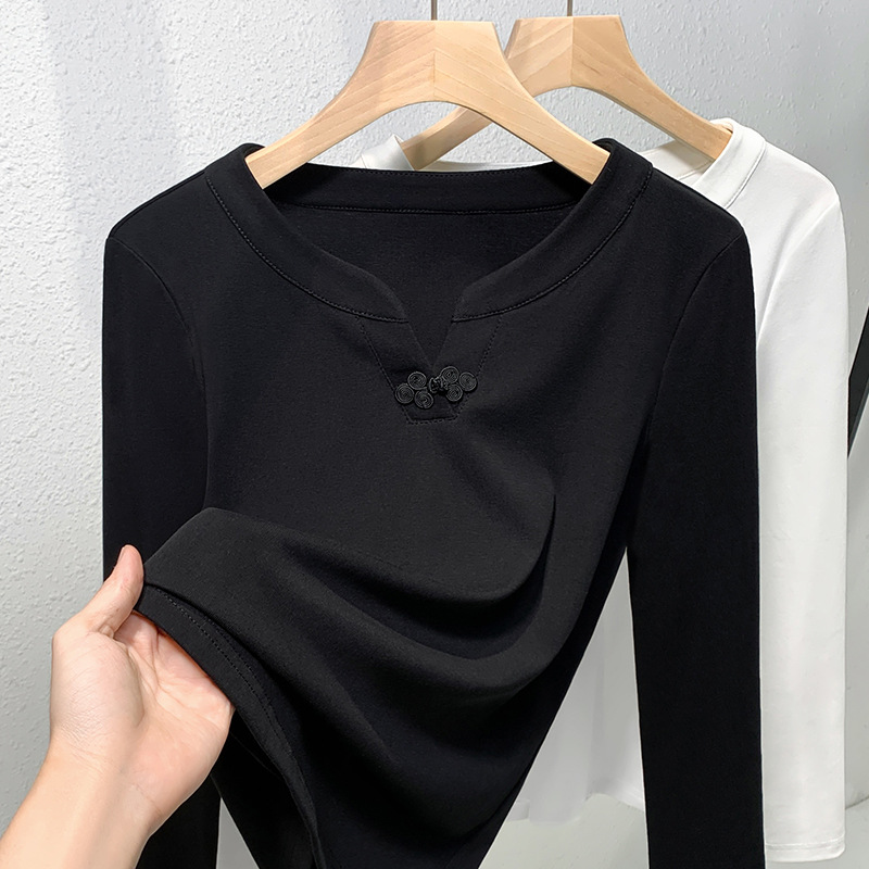 Camisa blanca con cuello en v pequeño para mujer 2024 nuevo otoño e invierno nuevo estilo chino estilo nacional hebilla de disco moda para mujer top delgado image 8