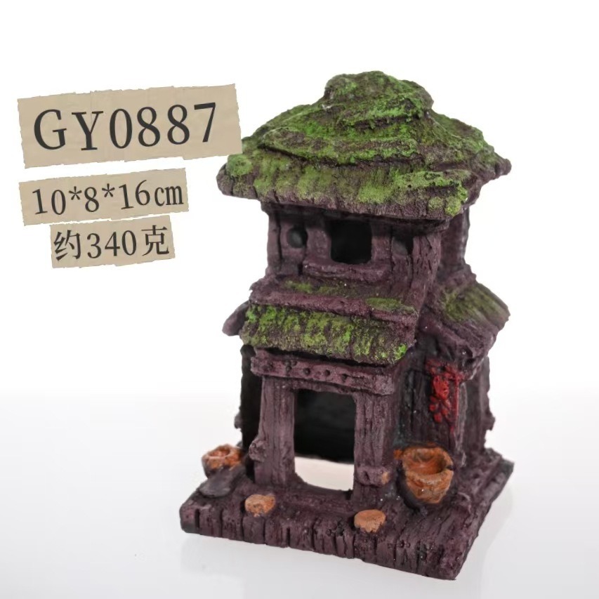 Decoración de paisajismo de pecera Casa de madera en ruinas, pescado y camarones, casa de refugio, decoración lúdica, ático, fábrica de joyas de acuario