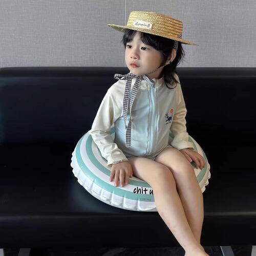Children's swimming suit, unisex zipper one-piece swimsuit, summer long-sleeved sun protection quick-drying hot spring beach vacation swimsuit, trendy