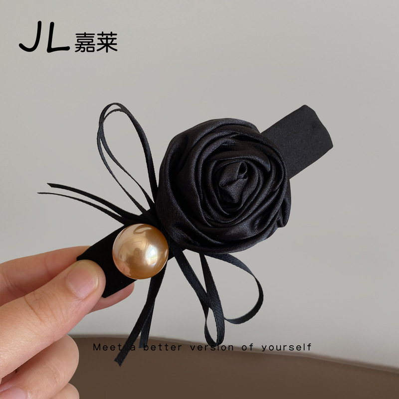 韩版玫瑰花朵珠子发夹百搭扎马尾温婉风头饰气质高级感弹簧夹顶夹|undefined