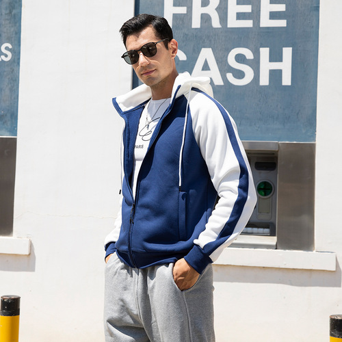 Men's Seasonal Contrast Zip Hoodie Sweatshirt with Drawstring, Oversized Loose Design, Padded Fleece Material, Color Block Style