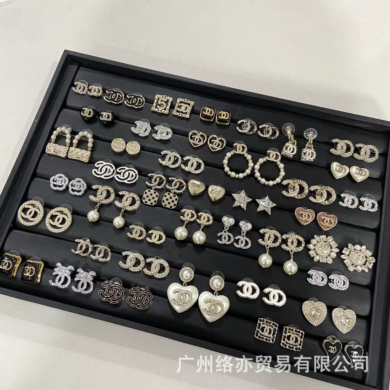 high version xiangjia diamond-embedded double c stud earrings heart-shaped chanel-style stud earrings fashionable all-match classic style earrings for women