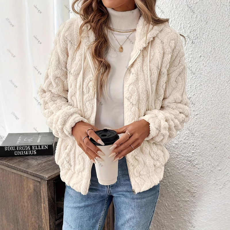 European and American Cross-border Women's Zipper Plush Hooded Jacket Long Sleeve Fluffy Short Jacket Coat