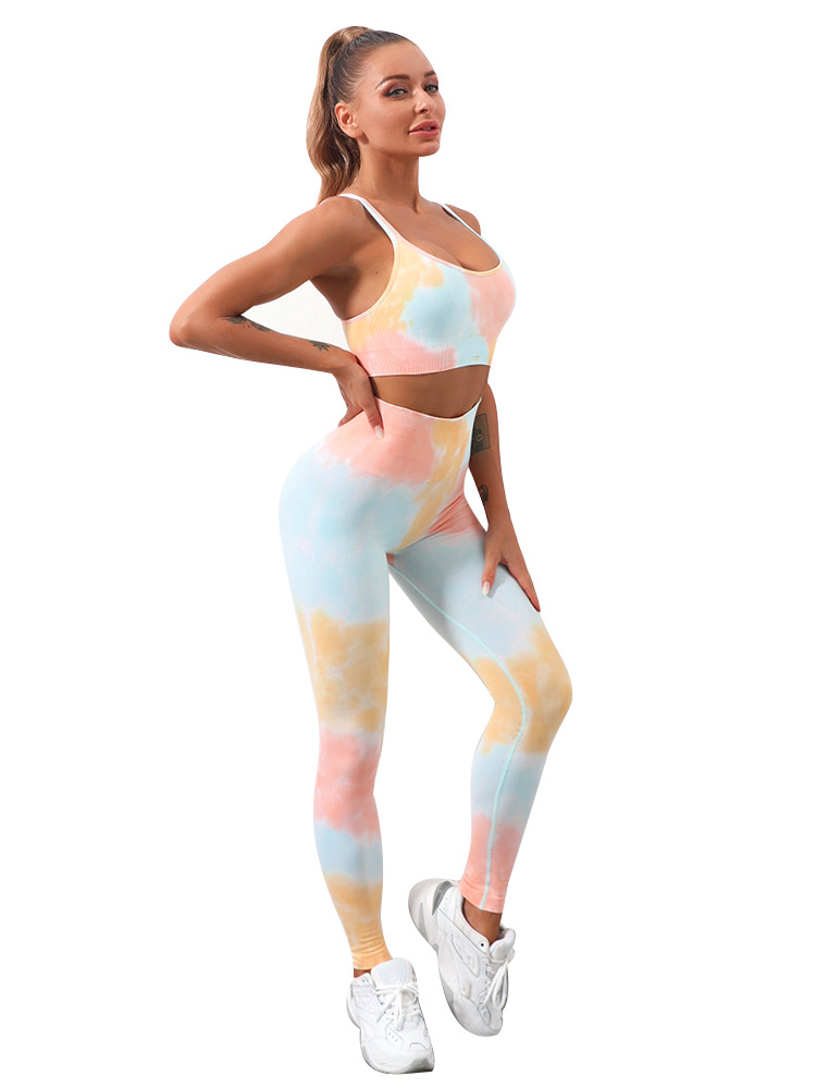 【Sample】 European and American Tie-Dye Yoga Outfit Set for Women, Halter Neck Yoga Bra, Sports Bra, Fitness Yoga Pants