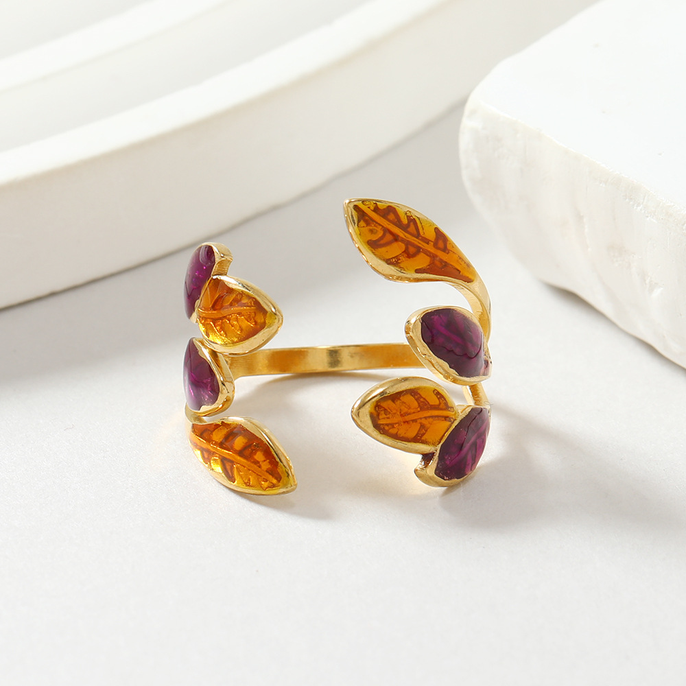 Adjustable Ring Size Stainless Steel IG Style Leaf Enamel Plating Open Rings