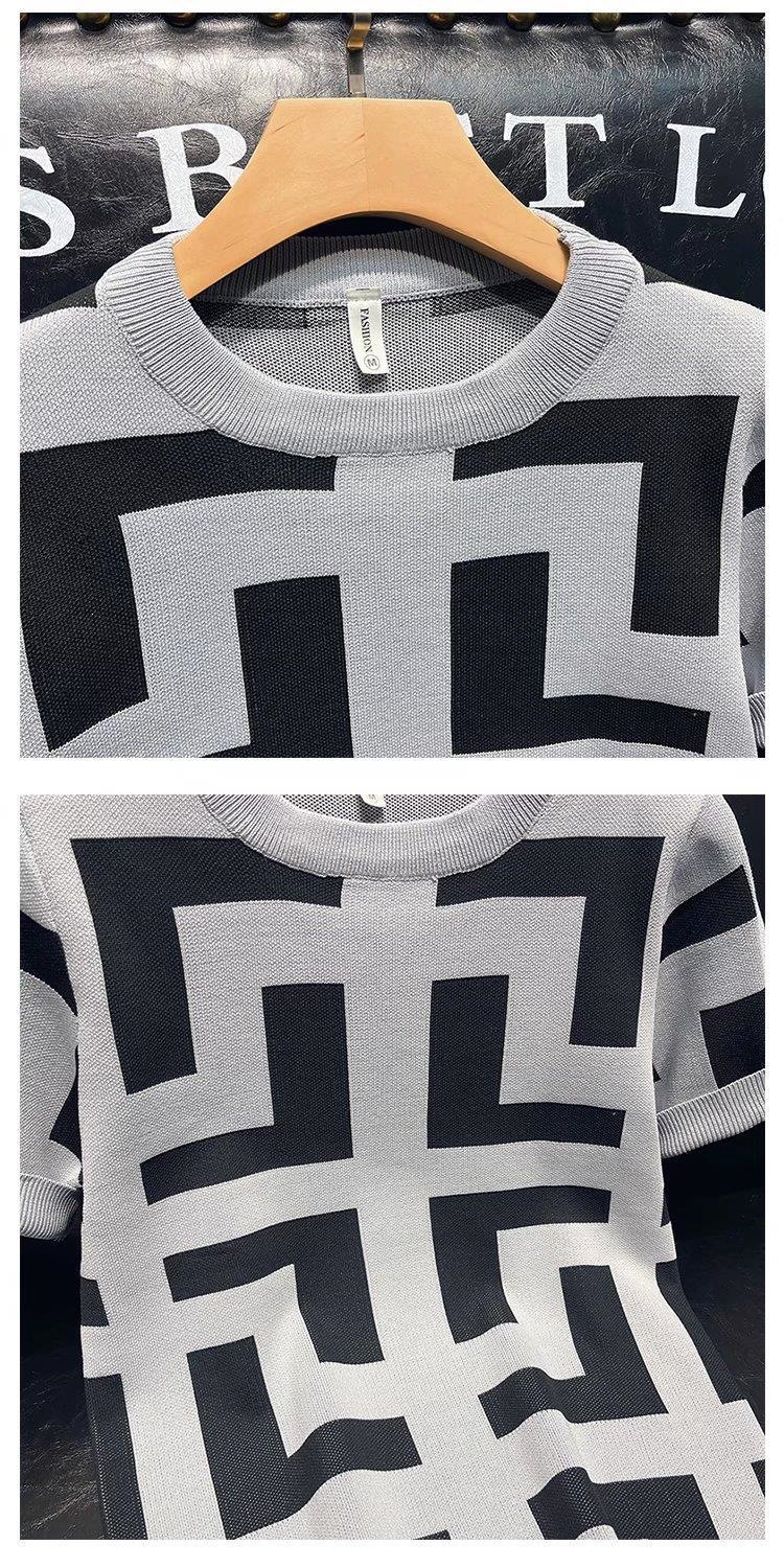 Spring And Autumn Hot-selling New Geometric Pattern Short-sleeved Men's Slim-fitting Casual Knitted Top T-shirt_viptrois.com
