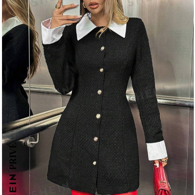 Cross-Border Hepburn Style Tweed Chanel Long-Sleeve Little Black Dress for Women with a Designer Patchwork Waist-Cinching Short Dress