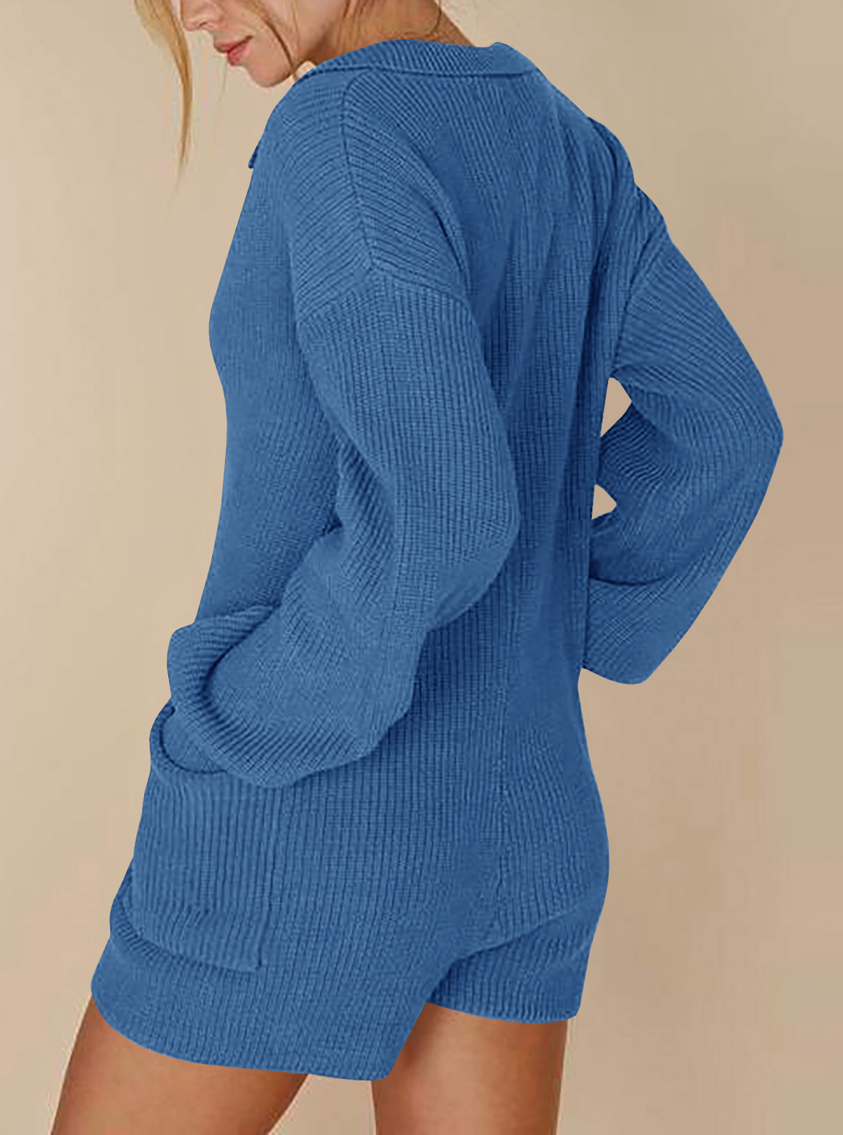 Amazon transfronteriza de las nuevas mujeres de color sólido solapa botón bolsillo mono de manga larga prendas de punto suéter pantalones cortos de las mujeres