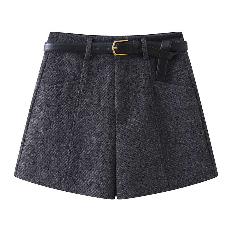 Gray High-Waisted Woolen Shorts for Women in Autumn and Winter New Versatile Outer Wear Slimming Look Casual Three-Point Pants A9042