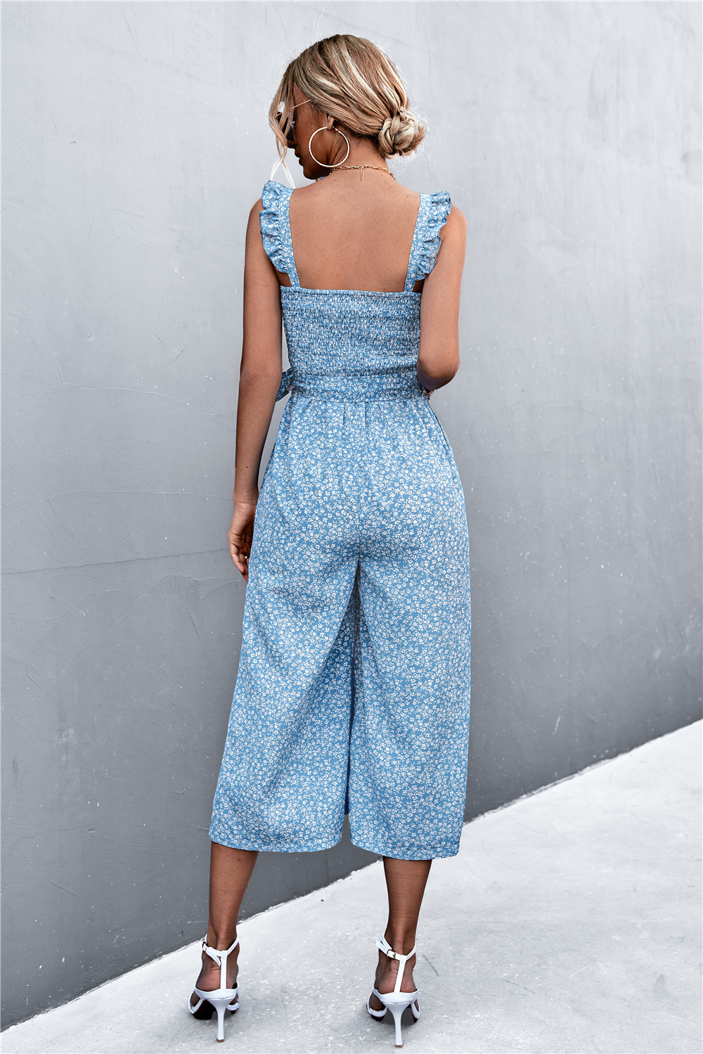 Spring Summer Flying Sleeves Belt Floral Smocking Jumpsuit