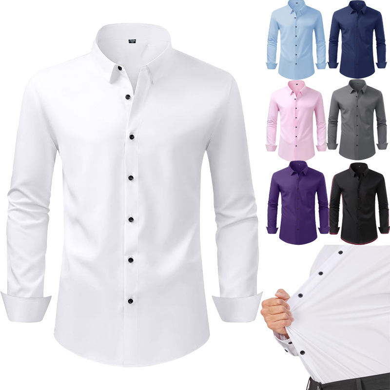 Cross-border Hot-selling Four-sided Elastic Shirt Men's Long-sleeved Solid Color Men's Shirt Non-ironing Dress Amazon Explosions Shirt