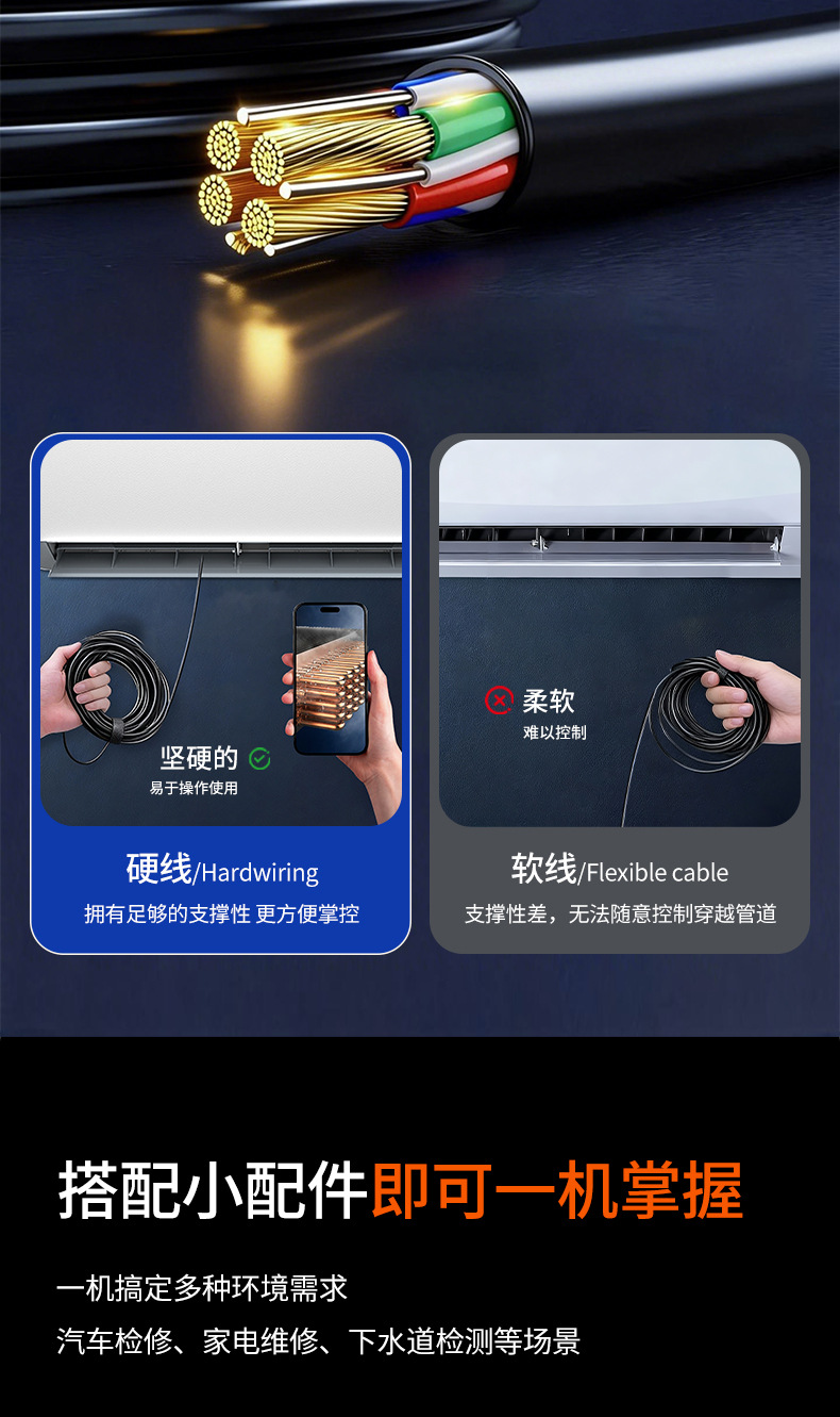 HD Smartphone Endoscope Compatible with Apple Android Hard Wire Automotive Repair Sewage Pipe Camera Dual Lens
