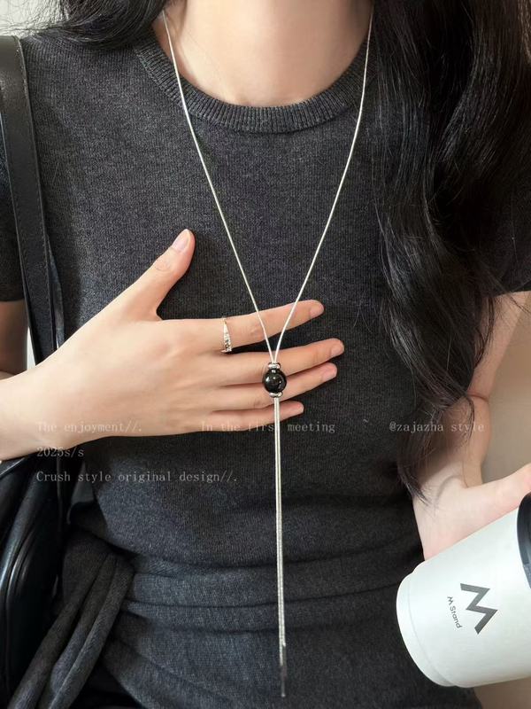 小众百搭可抽拉虎眼石圆球长款项链女冷淡风简约气质项饰毛衣链|undefined
