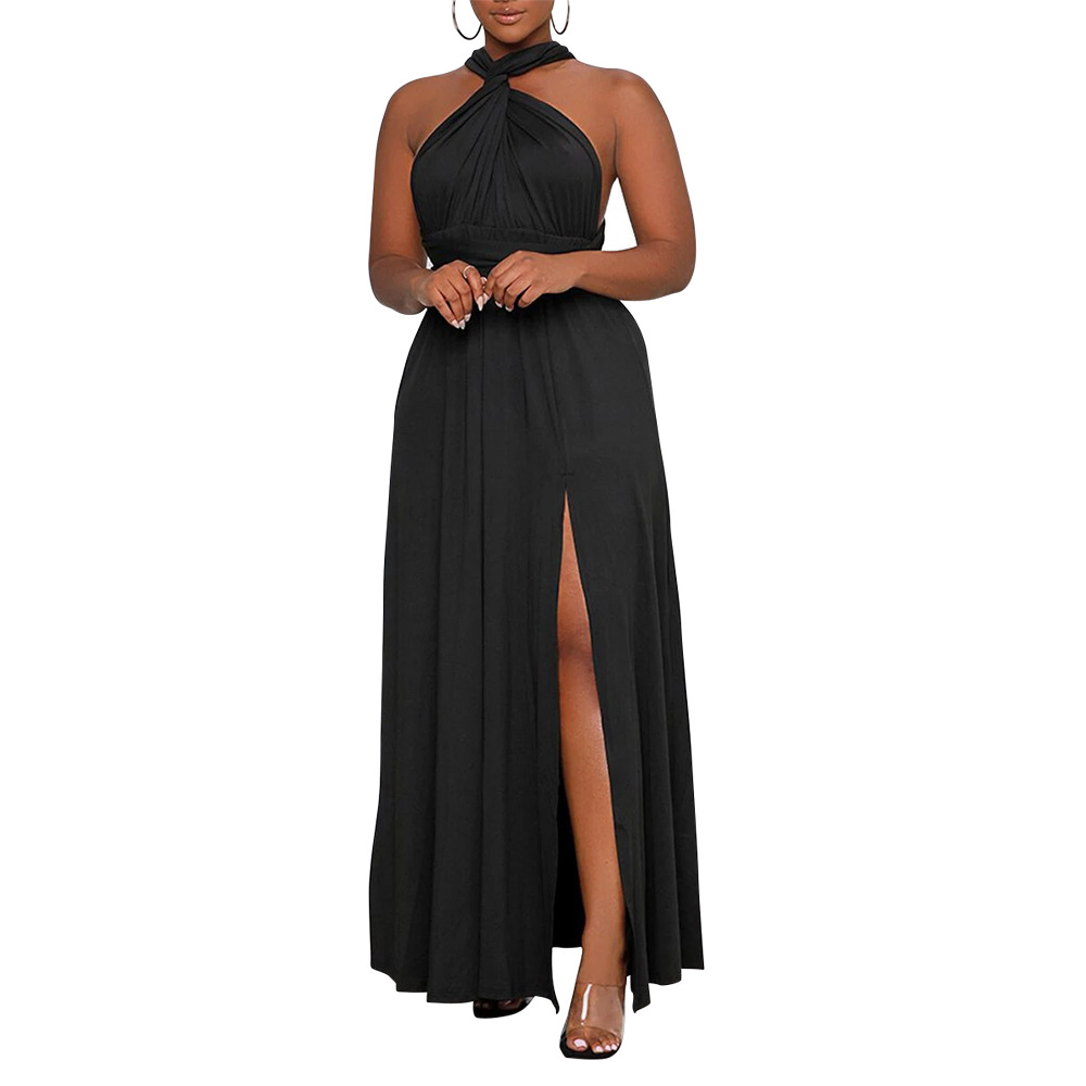 Solid Color Halter Strap Hollow Plus Size Slit Dress NSCYF80215