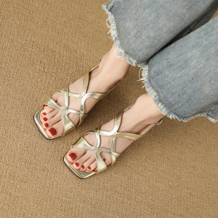 Sandal cao gót nữ da thật mũi vuông hở mũi gót thô 9 cm — Màu vàng, Màu bạc chi tiết 52