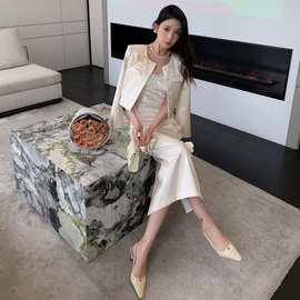 春季新款女装缎面新中式长袖外套无袖连衣裙半身长裙时尚三件套装
