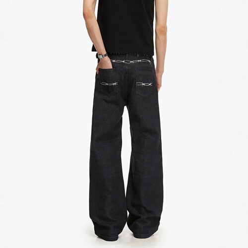 American retro thorn embroidery black ox handsome jeans for men and women's loose casual wide-leg clean fit micro-pants