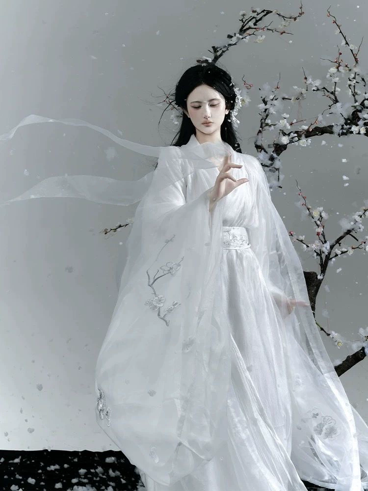 Оригинальный Вэй и Джинь Ханьфу суперчародейная плавная вышивка длинное рукавное костюм древний костюм двойной воротник длинное платье прямой низ воротник воротник свежая аура слива цветок