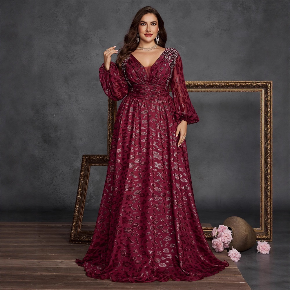 Cross-Border Plus-Size Elegant Sequin Pleated Fitted V-Neck Long-Sleeve Cocktail Evening Dress for Moms